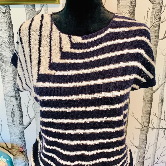Vintage 80s 90s Boatneck Stripe Color Block Navy Knit Shirt Sleeve Nautical Top - Picture 2 of 6